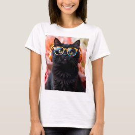 Cute Black cat med glasögon och hörlurar T Shirt