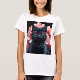 Cute Black cat med glasögon och hörlurar T Shirt