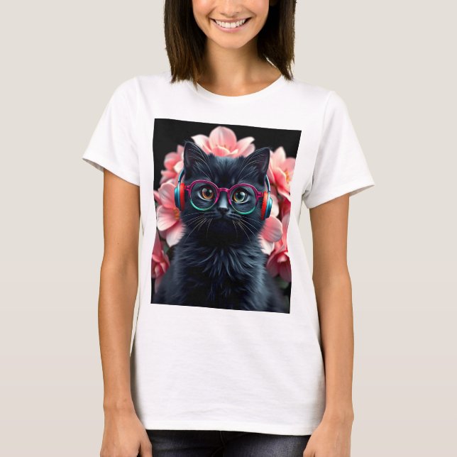 Cute Black cat med glasögon och hörlurar T Shirt (Framsida)