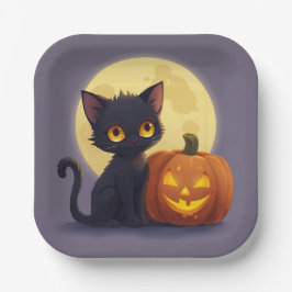 Cute Black Cat med Glowing Carved Pumpkin