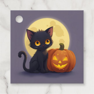 Cute Black Cat med Glowing Carved Pumpkin Gåvor Etiketter