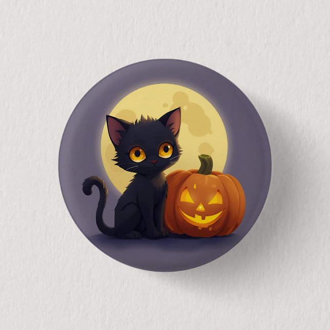 Cute Black Cat med Glowing Carved Pumpkin Knapp (Framsida)