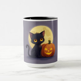 Cute Black Cat med Glowing Carved Pumpkin Mugg