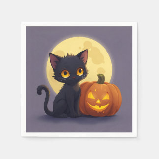 Cute Black Cat med Glowing Carved Pumpkin Pappersservett