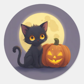 Cute Black Cat med Glowing Carved Pumpkin Runt Klistermärke