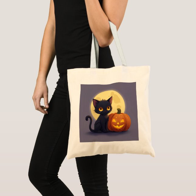 Cute Black Cat med Glowing Carved Pumpkin Tygkasse (Framsida (produkt))