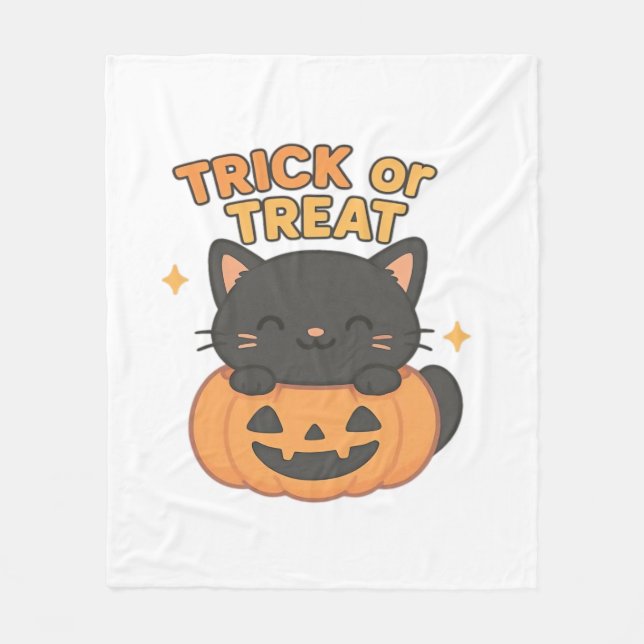 Cute Black Cat med Glowing Grönt Ögon på Pumpkin Fleecefilt (Framsidan)