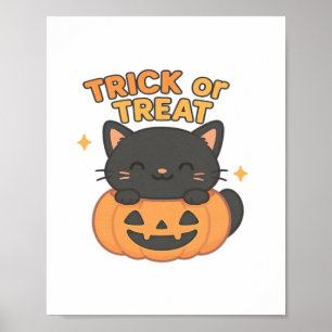 Cute Black Cat med Glowing Grönt Ögon på Pumpkin Poster