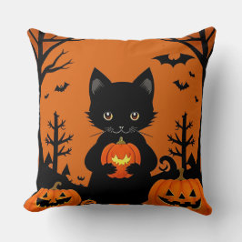 Cute Black Cat med Halloween Pumpkins Kudde