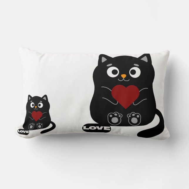 Cute Black Cat med hjärta Pillow Lumbarkudde (Framsida)