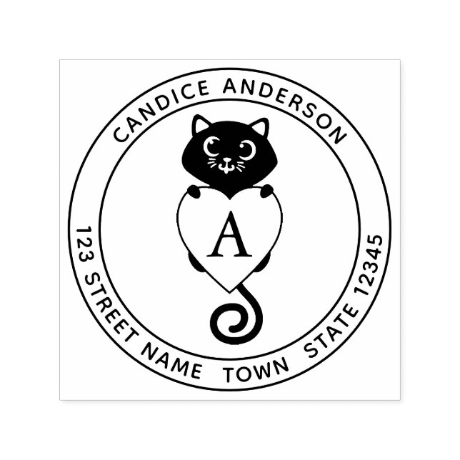 Cute Black Cat med hjärtmonogram Självfärgande Stämpel (Design)