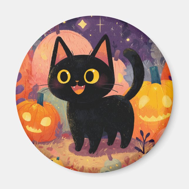 Cute Black Cat med Jack-o-Lanternor - Magnet (Framsidan)