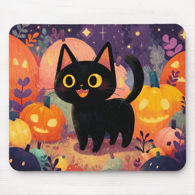 Cute Black Cat med Jack-o’-Lanternor - Mousepad Musmatta (Framsidan)