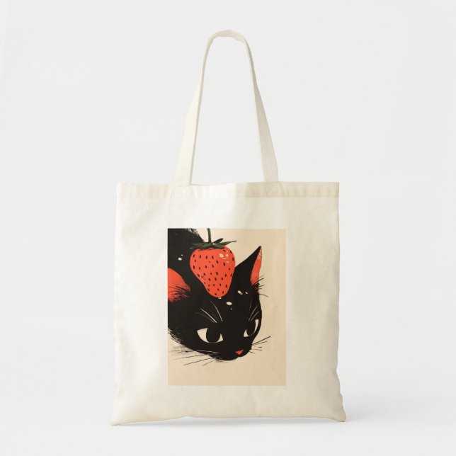 Cute Black Cat med jordgubbstvätt Tygkasse (Framsidan)