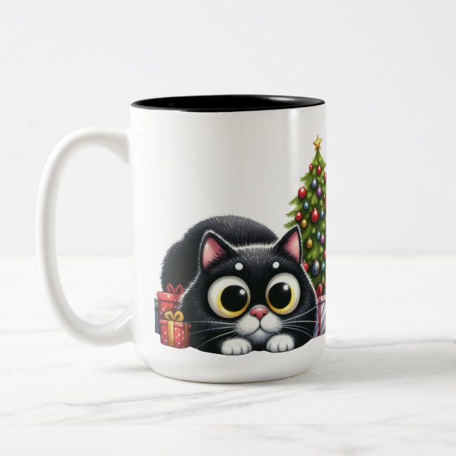 CUTE BLACK CAT MED JULGRAN Två-Tonad MUGG (Vänster)