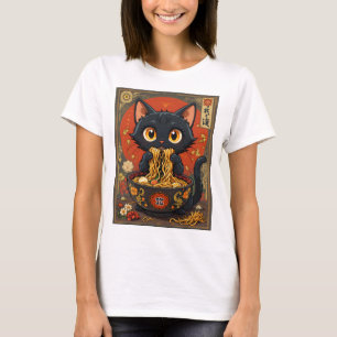 Cute Black Cat med Noodles T-Shirt