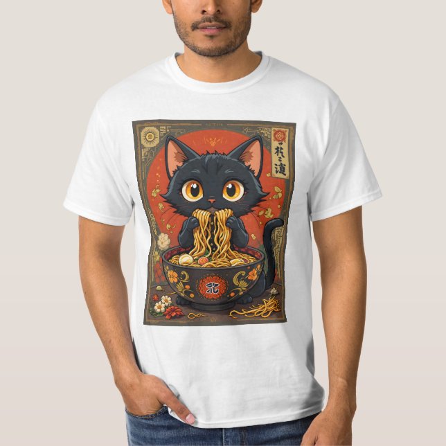 Cute Black Cat med Noodles T Shirt (Framsida)