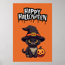 Cute Black Cat med Pumpkin Jack o lantern Poster