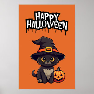 Cute Black Cat med Pumpkin Jack o lantern Poster