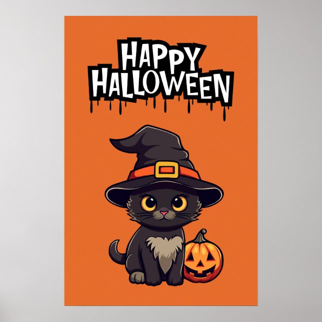 Cute Black Cat med Pumpkin Jack o lantern Poster (Framsidan)
