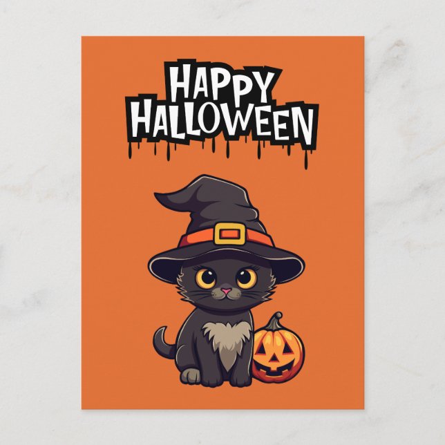 Cute Black Cat med Pumpkin Jack o lantern Vykort (Framsida)