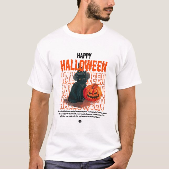 Cute Black Cat med Pumpkin |Spooky Lycklig Hallowe T Shirt (Framsida)