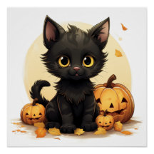 Cute Black Cat med Pumpkins