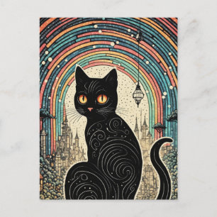 Cute Black Cat med regnbåge i staden Vykort