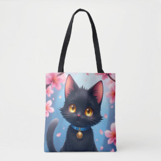 Cute Black Cat med Sakura Flowers Tote Bag Tygkasse