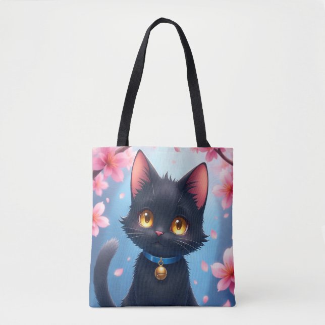Cute Black Cat med Sakura Flowers Tote Bag Tygkasse (Framsida)