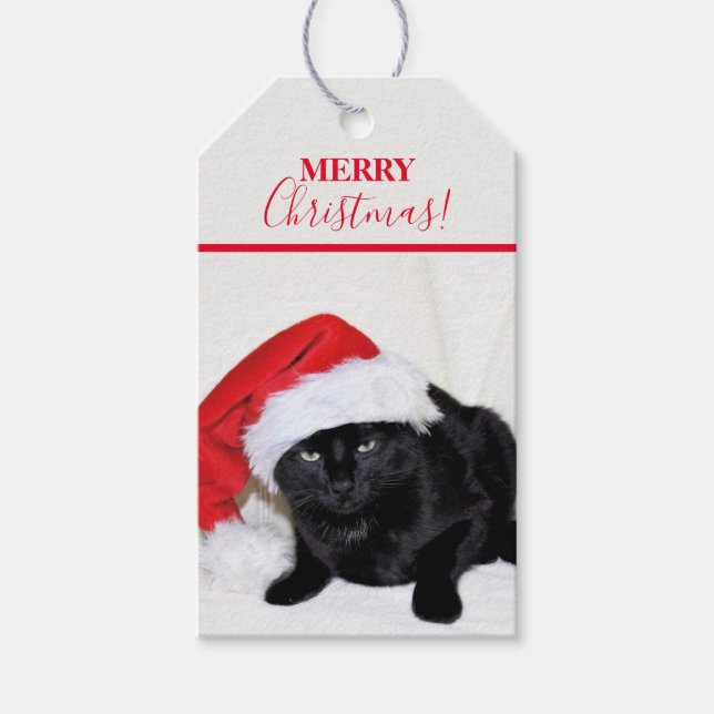 Cute Black Cat med Santa Hat Presentetikett (Framsidan)