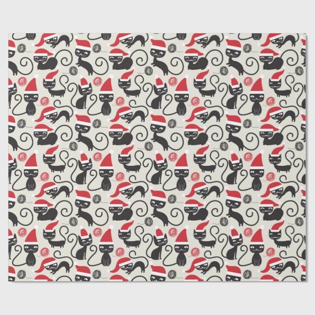 Cute Black Cat med Santa Hat Wrapping Papper Presentpapper (Platt)