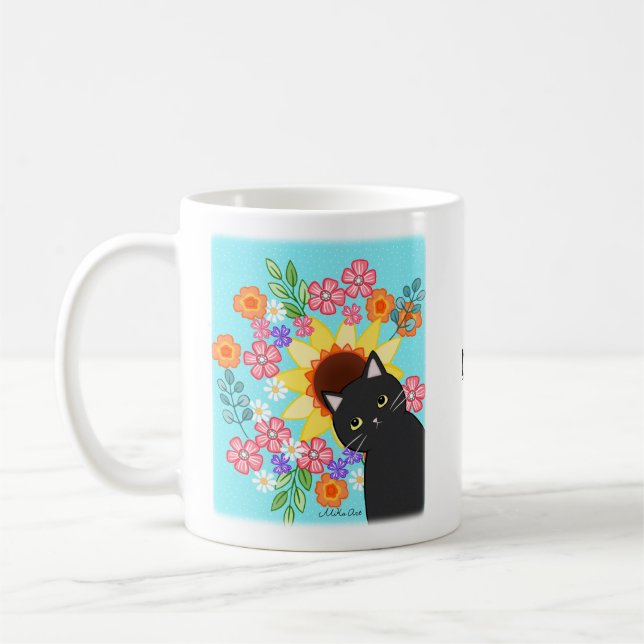 Cute Black cat med solrosskarp blommigt anpassning Kaffemugg (Vänster)
