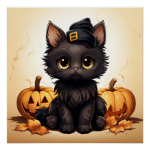 Cute Black Cat med svart hatt med Pumpkins