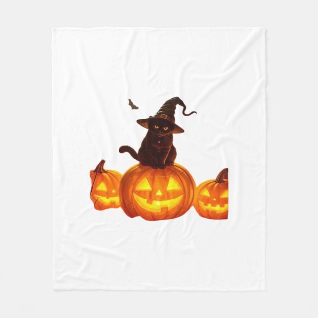 Cute Black Cat med Witch Hat, Fladdermus och Pumpk Fleecefilt (Framsidan)