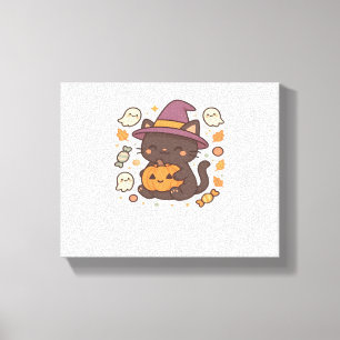 Cute Black Cat med Witch Hat - Kawaii Halloween A Canvastryck