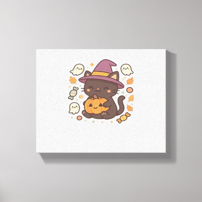 Cute Black Cat med Witch Hat - Kawaii Halloween A Canvastryck (Framsida)