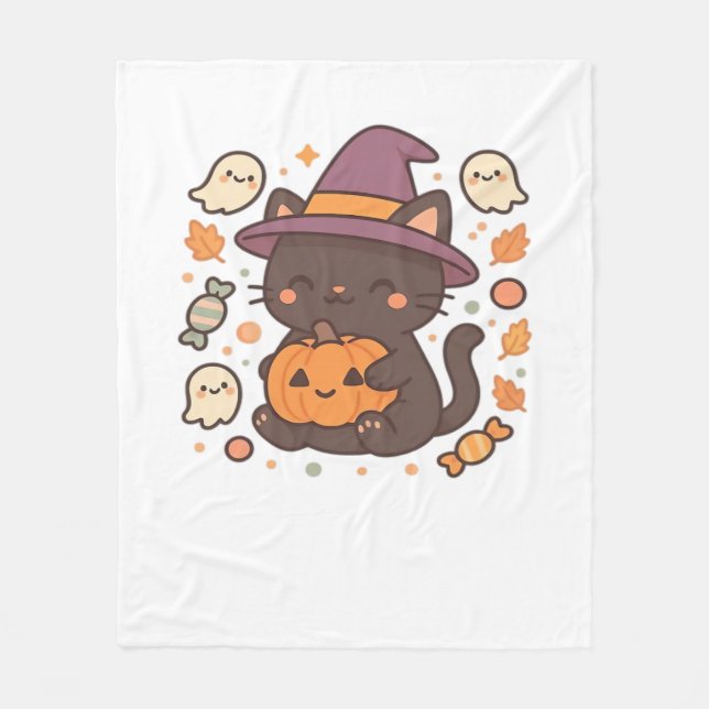 Cute Black Cat med Witch Hat - Kawaii Halloween A Fleecefilt (Framsidan)