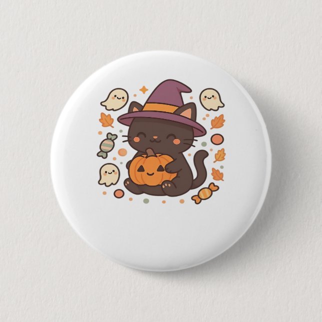 Cute Black Cat med Witch Hat - Kawaii Halloween A Knapp (Framsida)