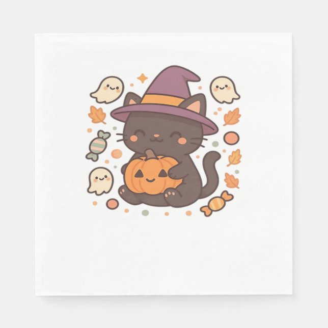 Cute Black Cat med Witch Hat - Kawaii Halloween A Pappersservett (Framsidan)