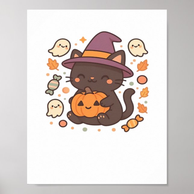 Cute Black Cat med Witch Hat - Kawaii Halloween A Poster (Framsidan)