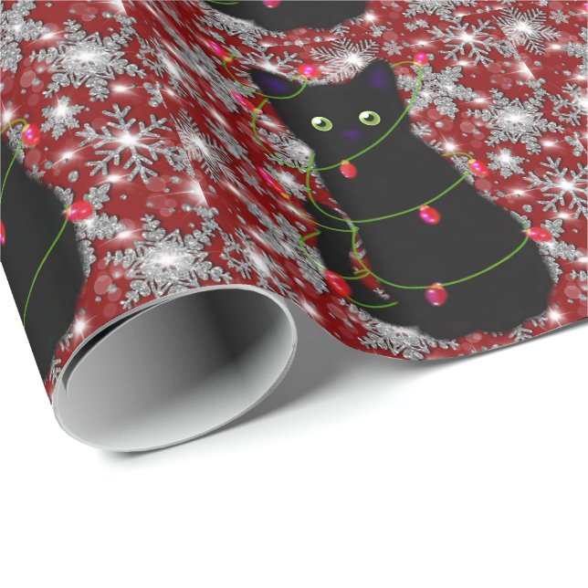 Cute black cat Meowy Christmas sparkling snowflake Presentpapper (Rullad Hörn)