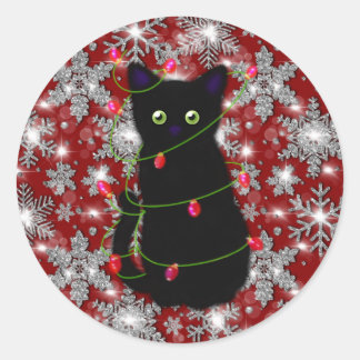 Cute black cat Meowy Christmas sparkling snowflake Runt Klistermärke