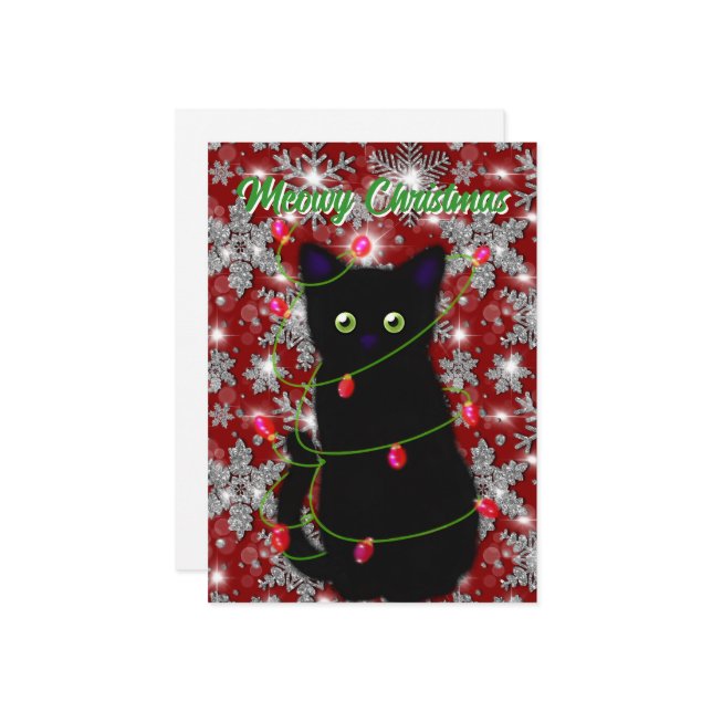 Cute Black cat Meowy jul Julkort (Fram/Back In Situ)