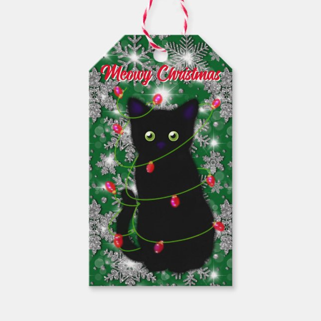 Cute Black cat Meowy jul Presentetikett (Framsidan)
