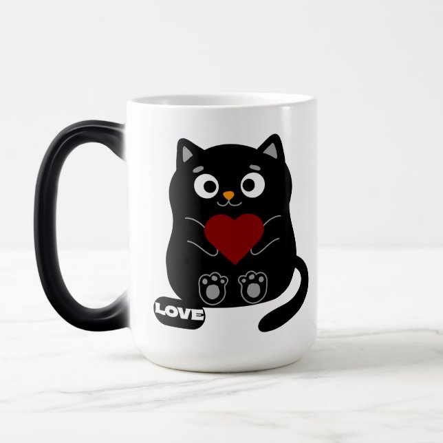 Cute Black Cat Mugg med Red Heart (Vänster)
