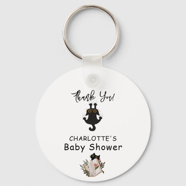 Cute Black Cat och Bok Baby Shower Nyckelring (Framsida)