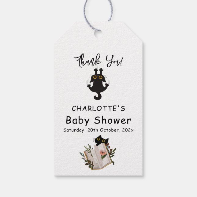 Cute Black Cat och Bok Baby Shower Presentetikett (Baksidan)