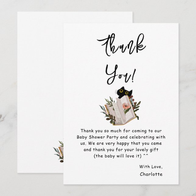 Cute Black Cat och Bok Baby Shower Tack Kort (Fram/baksida)