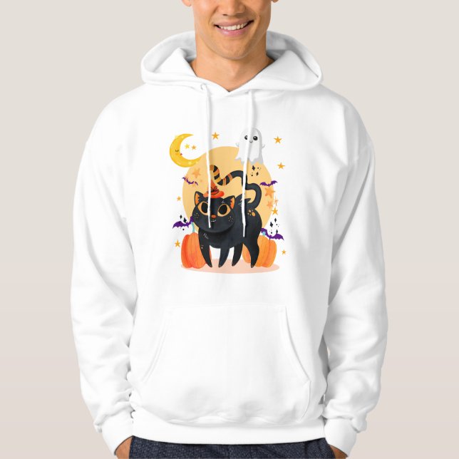 Cute Black Cat och Ghost Halloween Hoodie (Framsida)